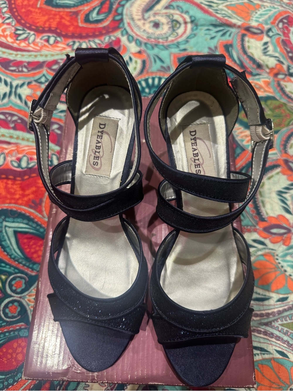 Durables Navy Sandal glitter/satin size 7.5, very good used condition. 2-3” heel